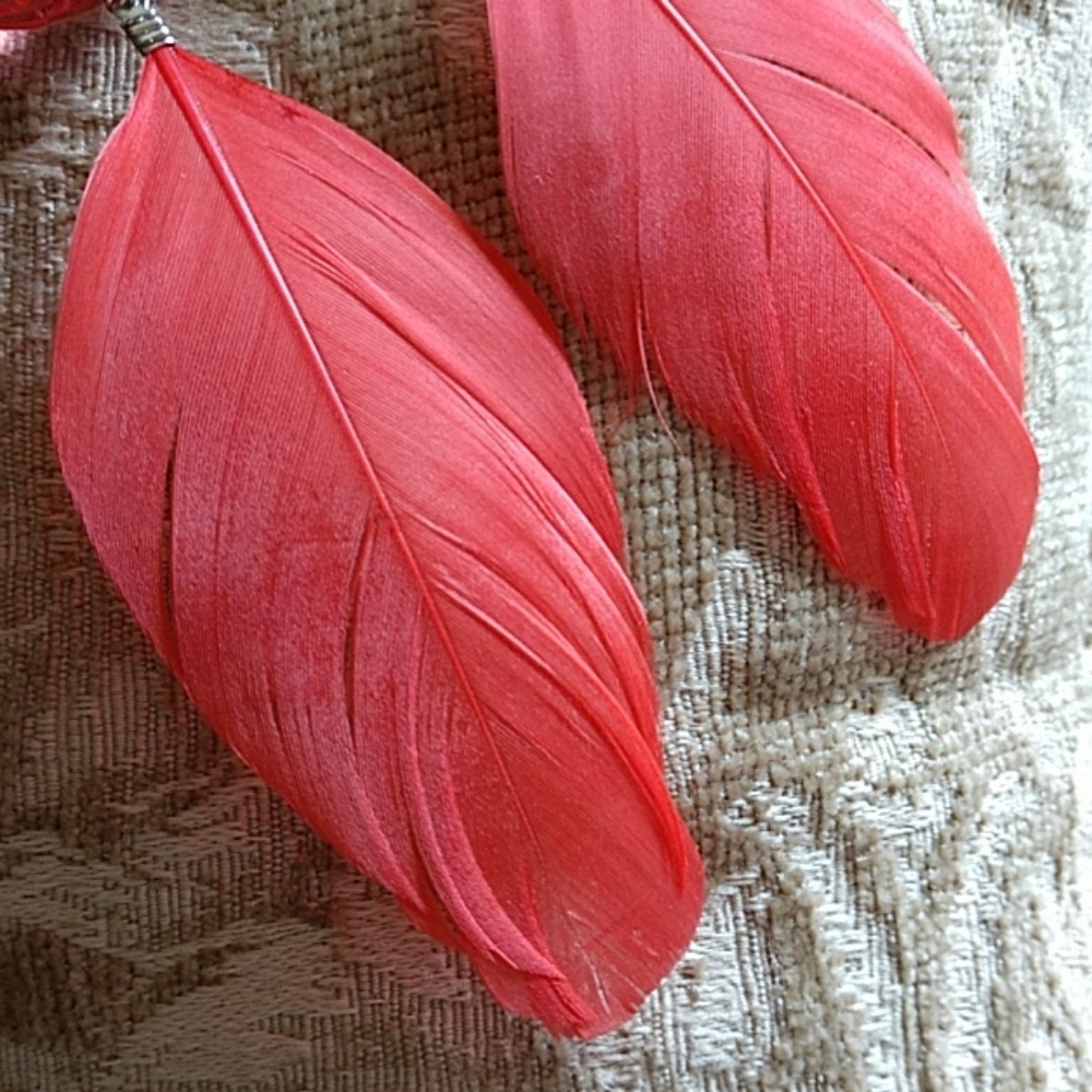 Feather Earrings Coral Gypsy Boho Dangling Bead Drop 5 inch drop Pierced Fashion - Picture 3 of 5